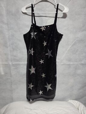Sequin Star Slip Mini Dress in Black
